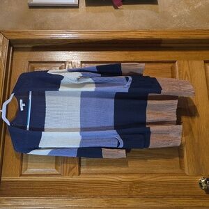 Love Tree ladies size medium cardigan sweater navy, white and dark tan